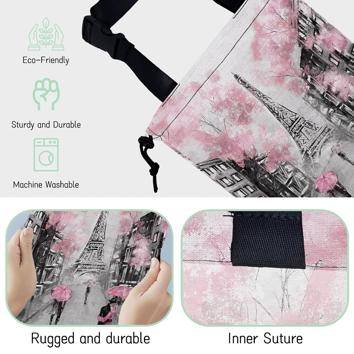 Eiffel Tower Car Trash Bag,Paris Oil Painting Hanging Drawstring Car Garbage Bag, Waterproof Canvas Car Back Seat Organizer with Adjustable Buckle, for Vehicles, SUVs, Camping, Road Trips