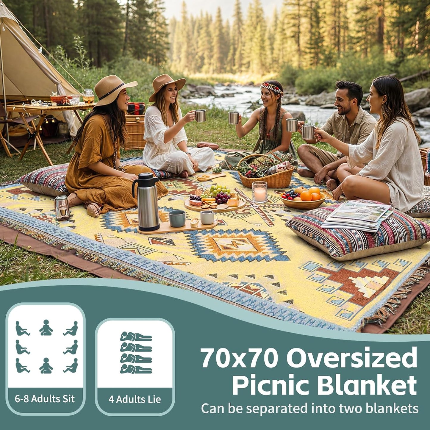 RYCHIC 2 in 1 Extra Large Camping Blanket Outdoor Rug Picnic Yoga Mat Lightweight Car Essential Roadtrip Gadget Rv Accessories Glamping Gear Must Haves Hiking Backpacking Necessities Women Beach Gift