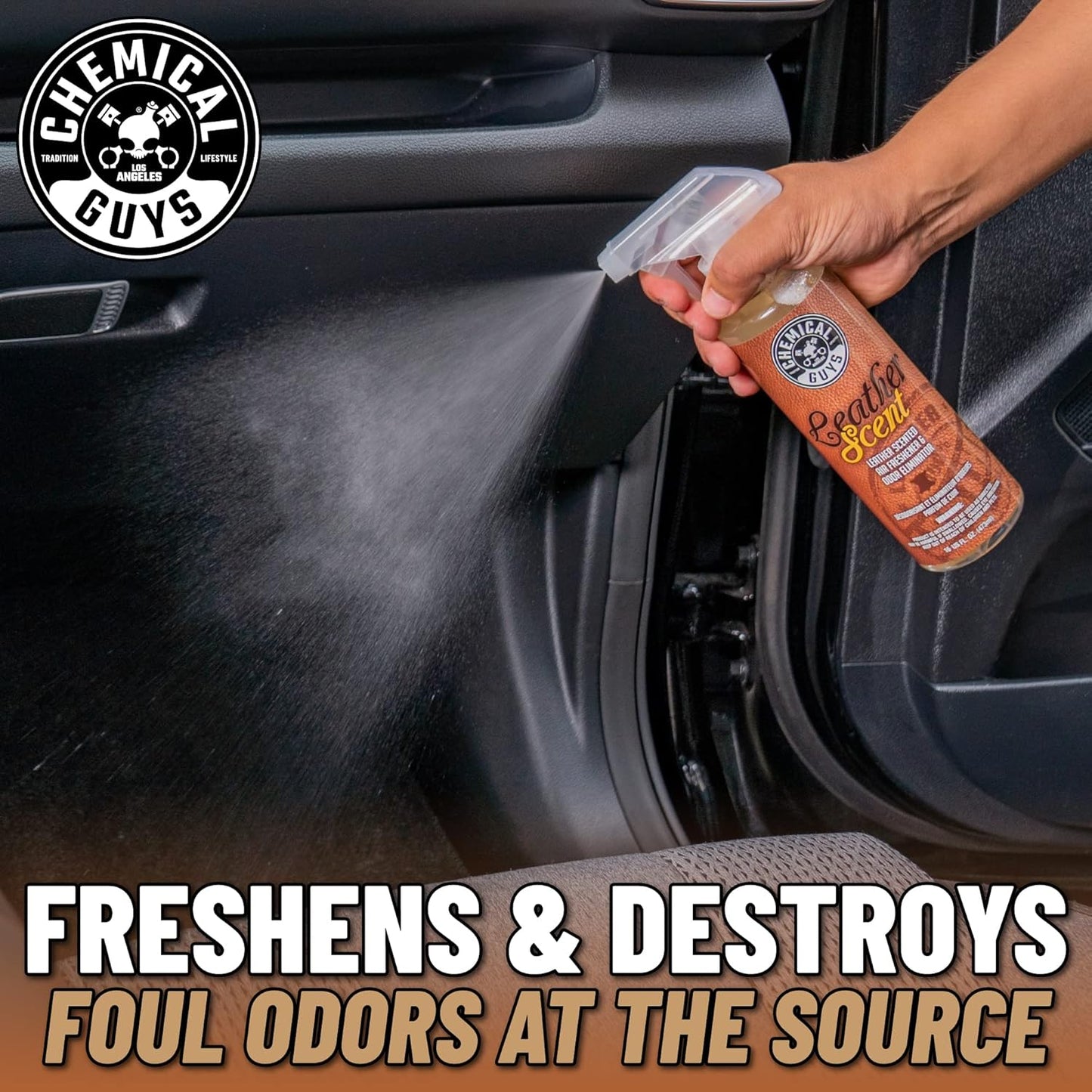 Chemical Guys, Leather Scent Air Freshener & Odor Neutralizer Spray, 16 oz | Rich leather scent refreshes interiors while neutralizing odors, adjustable spray for cars, trucks and SUVs