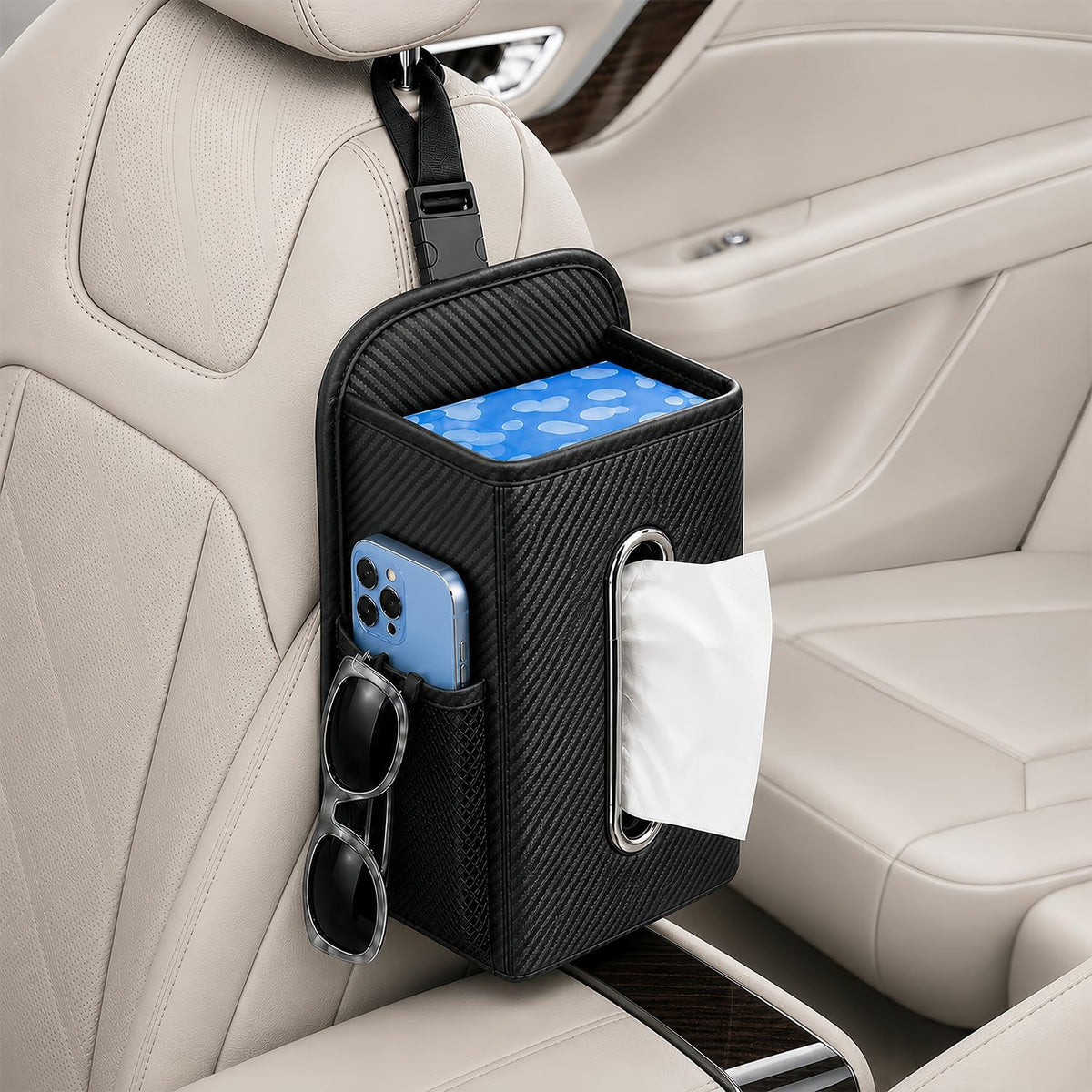 Leather Car Tissue Holder for Front & Back Seats, Car Tissue Box with 2 Side Mesh Pockets, Wide Metal Opening for Easy Pull, Fits 100–160 Count Rectangular Tissue Boxes, Carbon Fiber