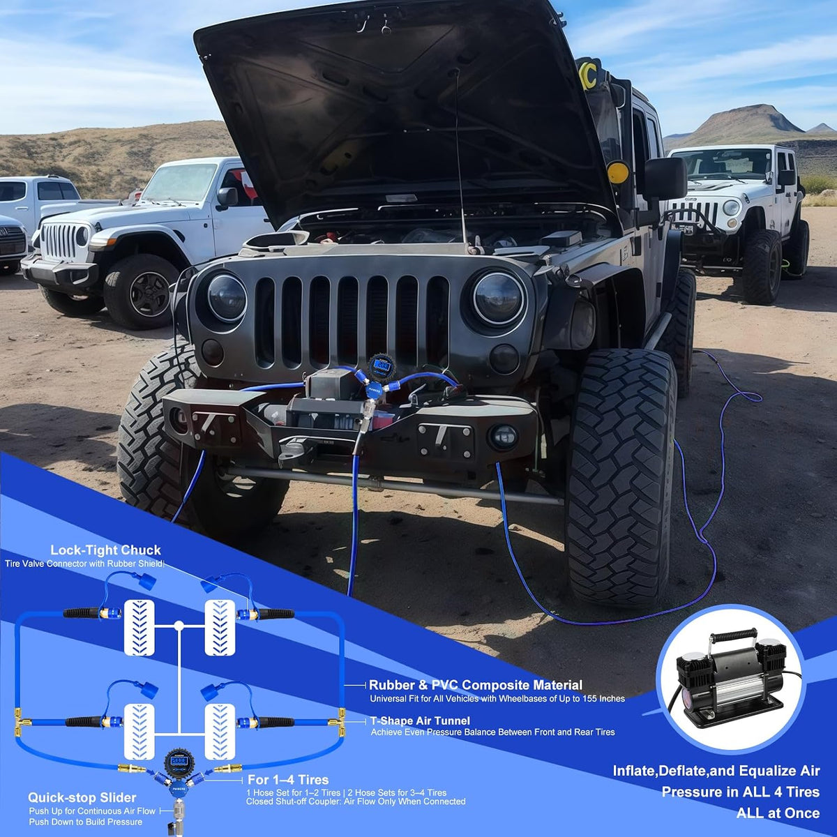 4 Tire Inflation System, 4 Way Tire Inflation Deflation System, Air Down Tire Deflators Kit Fits Up to 155" Wheelbase,Simultaneous Four Wheel Inflation for Off-Road Vehicles Car