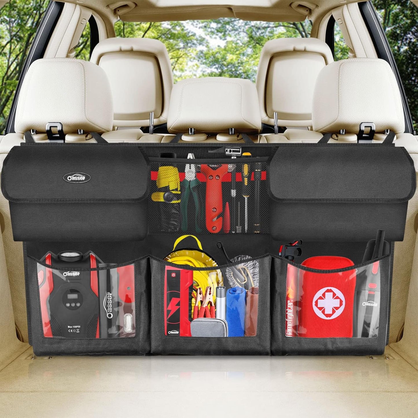Oasser Back Seat Trunk Organizer Hanging Car Organizer Foldable Cargo Storage with 6 Large Pockets 3 Adjustable Straps 40x19inch