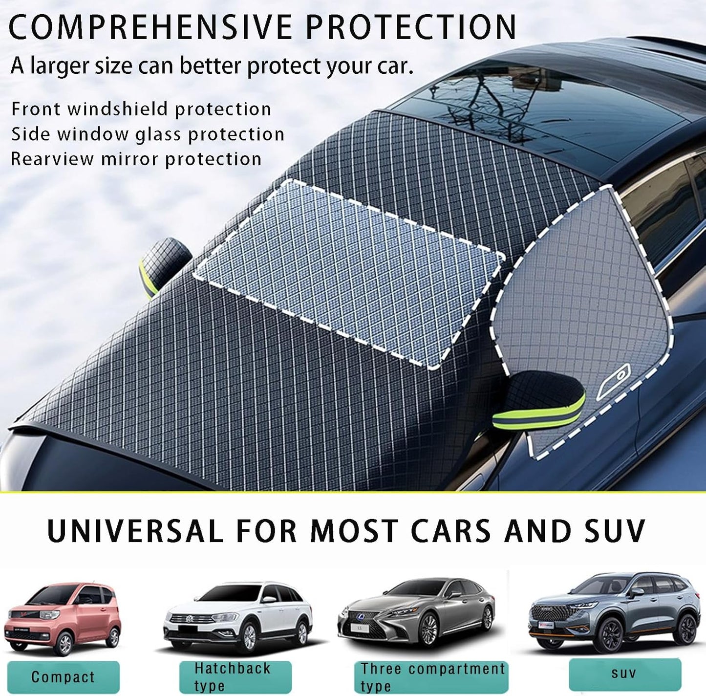 Car Windshield Cover for Ice and Snow - Universal Windshield Snow Cover with Side Window and Rearview Mirror Protector, Durable Magnetic Winter Frost Hail Guard, Suitable for Most Cars,SUV,Truck