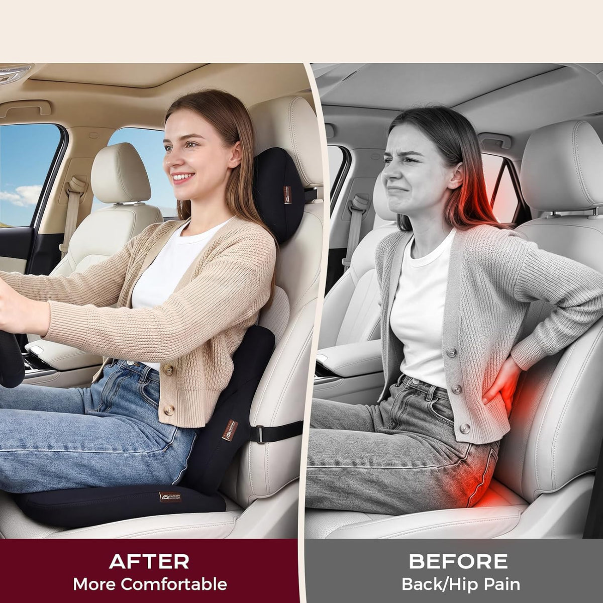Coverado Car Seat Cushion and Lumbar Support Pillow with Headrest, Memory Foam Cooling Silk Ergonomic Cushion for Driving Back Neck Pain Relief Universal Fit Black