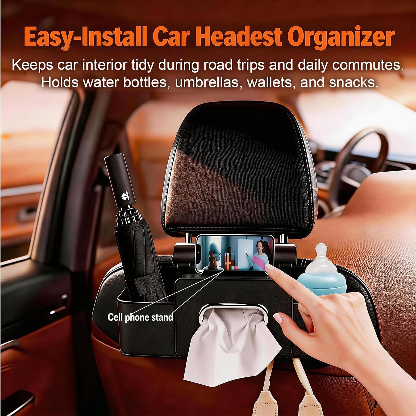 Car Organizer and Storage Box, Multifunctional Car Organizer Back Seat, Large Capacity Car Organizers and Storage Box for Phone, Drinks, Handbag, Travel Use, Compatible with Most Vehicles (Black)