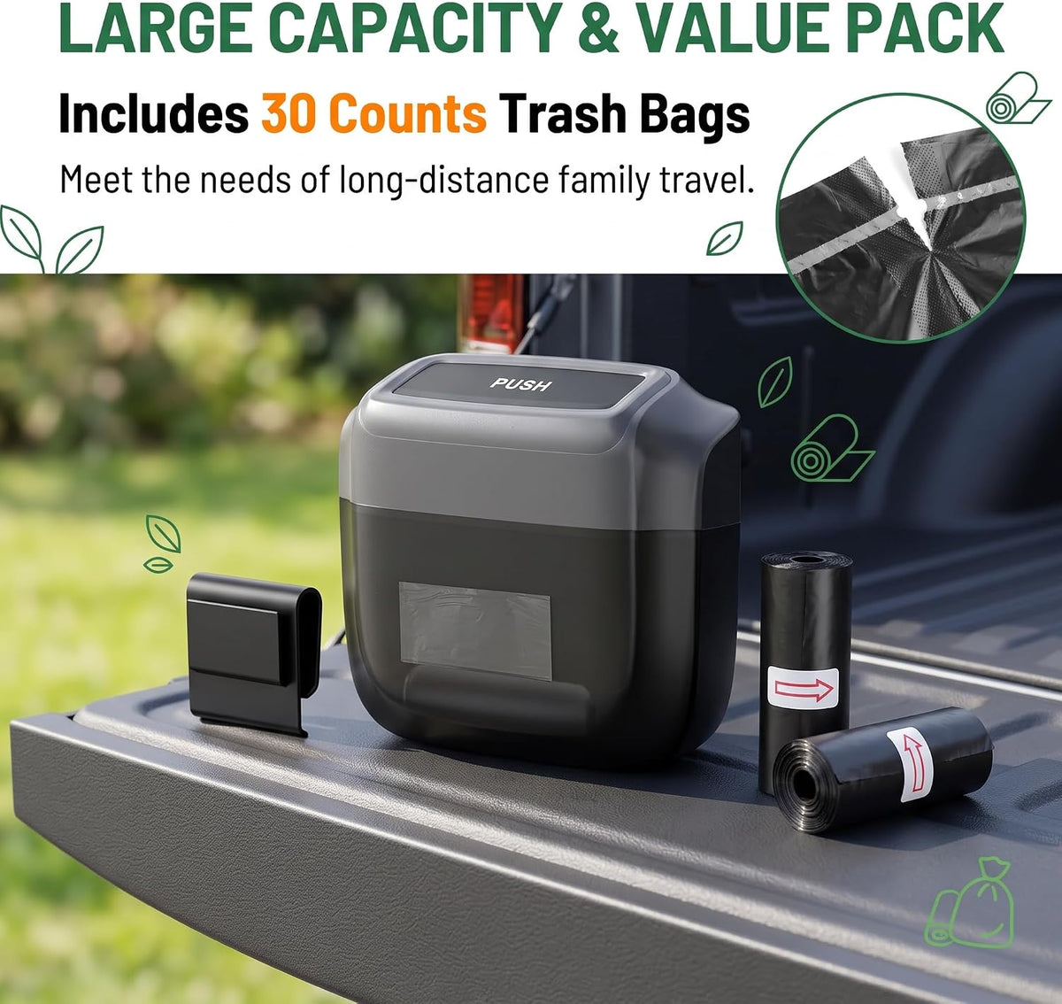Car Trash Can with Lid, Waterproof Push to Open Garbage Bucket with 30 Trash Bags, Portable Large Capacity Door Side Storage Bin, Hanging Organizer for Most Car Home Office (Black)
