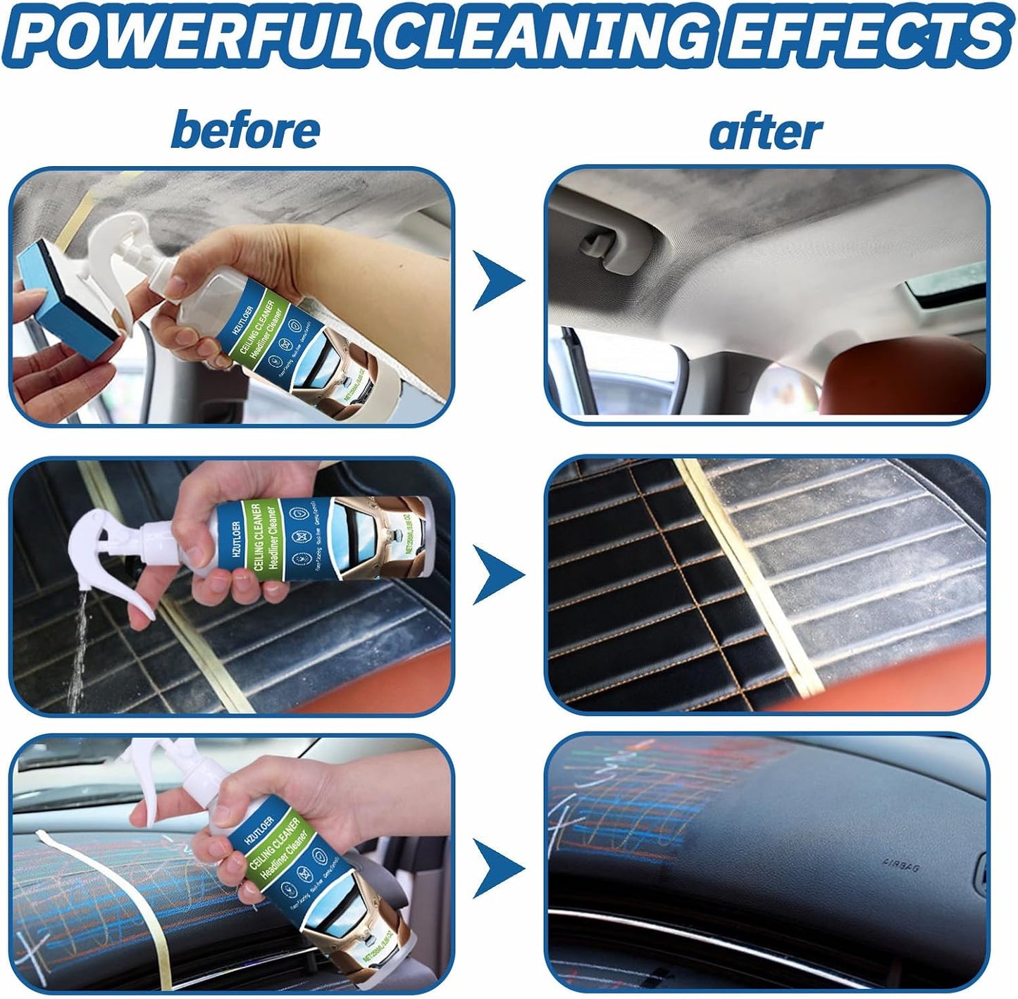 Car Headliner Cleaner, 256ML Multi-Functional Car Interior Roof Fabric Cleaner, Multi-Purpose Interior Stain Remover for Ceiling, Seats & Upholstery, No Rinse Required