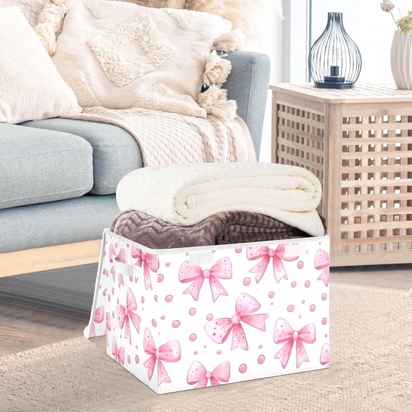 Bows and Polka Dots Storage Bins with Lids and Carrying Handle,Foldable Storage Boxes Organizer Containers Baskets Cube with Cover for Home Bedroom Closet Office