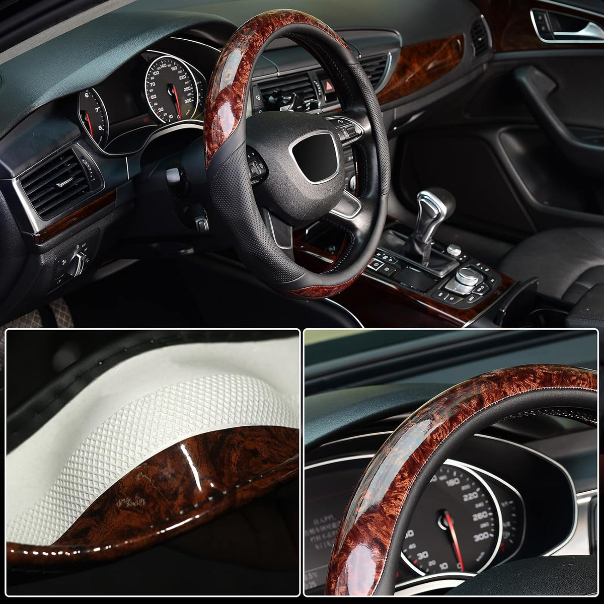 KAFEEK Wood Grain Steering Wheel Cover, Microfiber Leather, 15 Inch