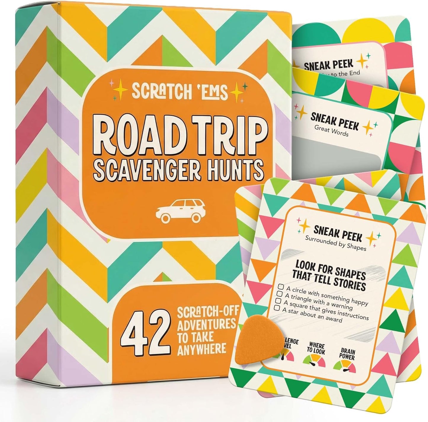 Scratch 'Ems Road Trip Scavenger Hunt Cards with 42 Reusable Scratch Off Travel Games for Kids & Families, Road Trip Essentials for Screen-Free Car Adventures