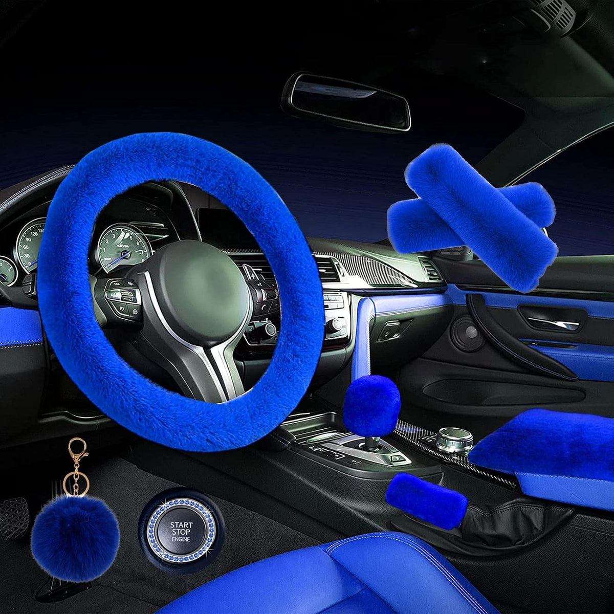 ZYNQACC 1 Set 8 Pieces Fluffy Steering Wheel Cover Set,Warm Soft Fuzzy Steering Wheel Covers for Women/Girls,Universal 15 Inches Girls Car Accessories (Royal Blue)