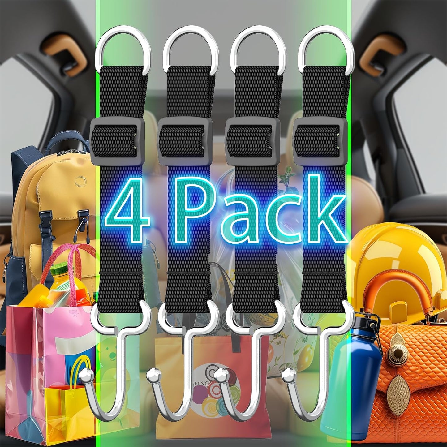 Car Headrest Hooks for Purse and Bags, 4 Pack | Adjustable Back Seat Hanger, Metal Heavy Duty, 100 lbs Capacity, Purse Holder