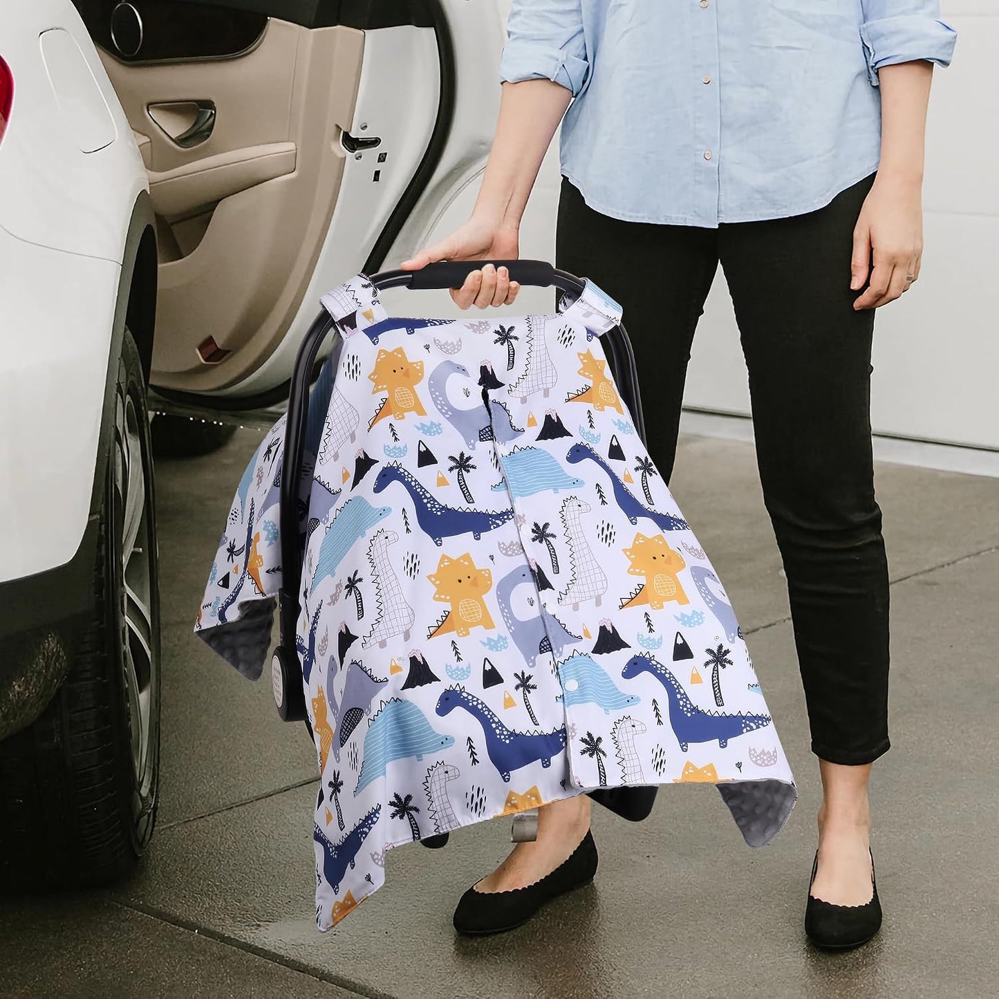 Rquite Baby Car Seat Cover, Carseat Covers Baby Boy, Minky Infant Car Seat Cover Winter, Peekaboo Opening Car Seat Canopy, Multi-use Baby Carrier, Stroller, Nursing Cover, Minky Blanket, Dinosaur