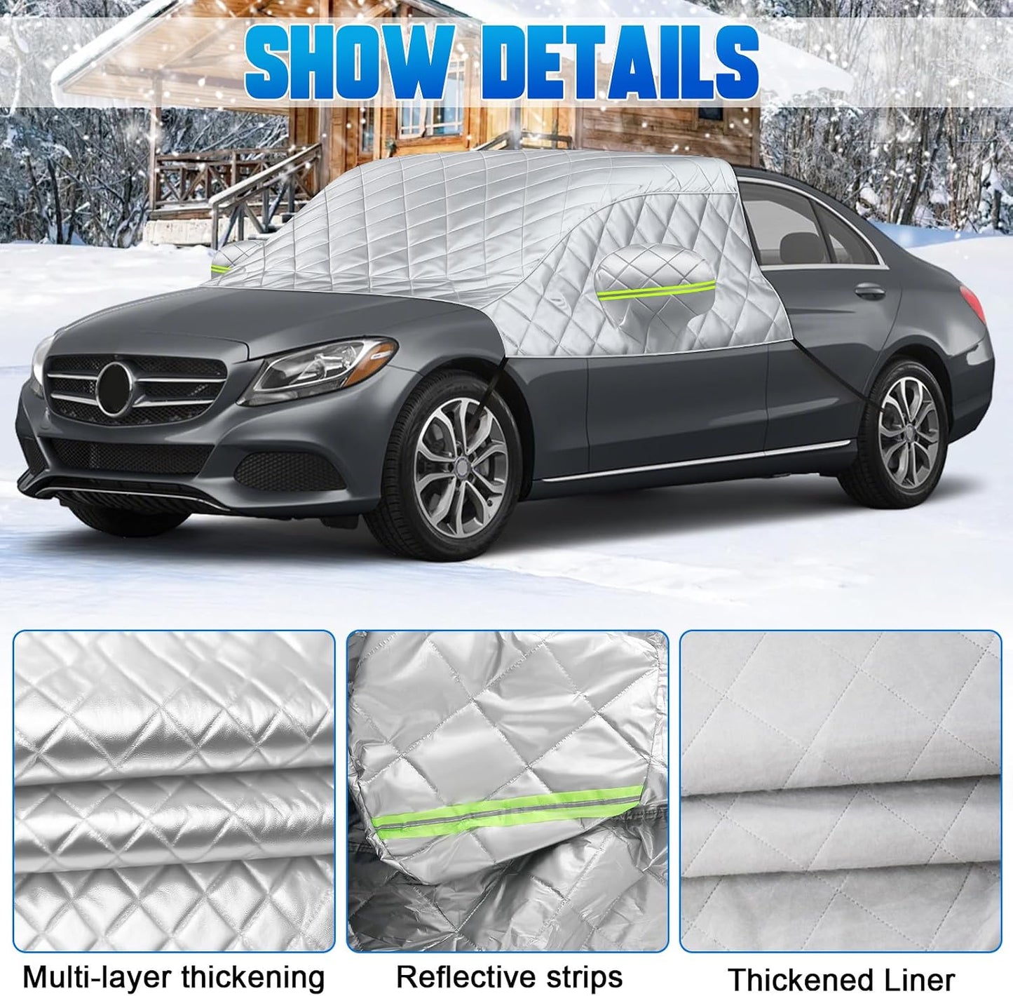 6 Layers Windshield Snow Cover Universal Midsize Sedan/Compact SUV Protection Hail & Snow Shield | Scratch-Free Hooks + Reflective Strips + Mirror Covers