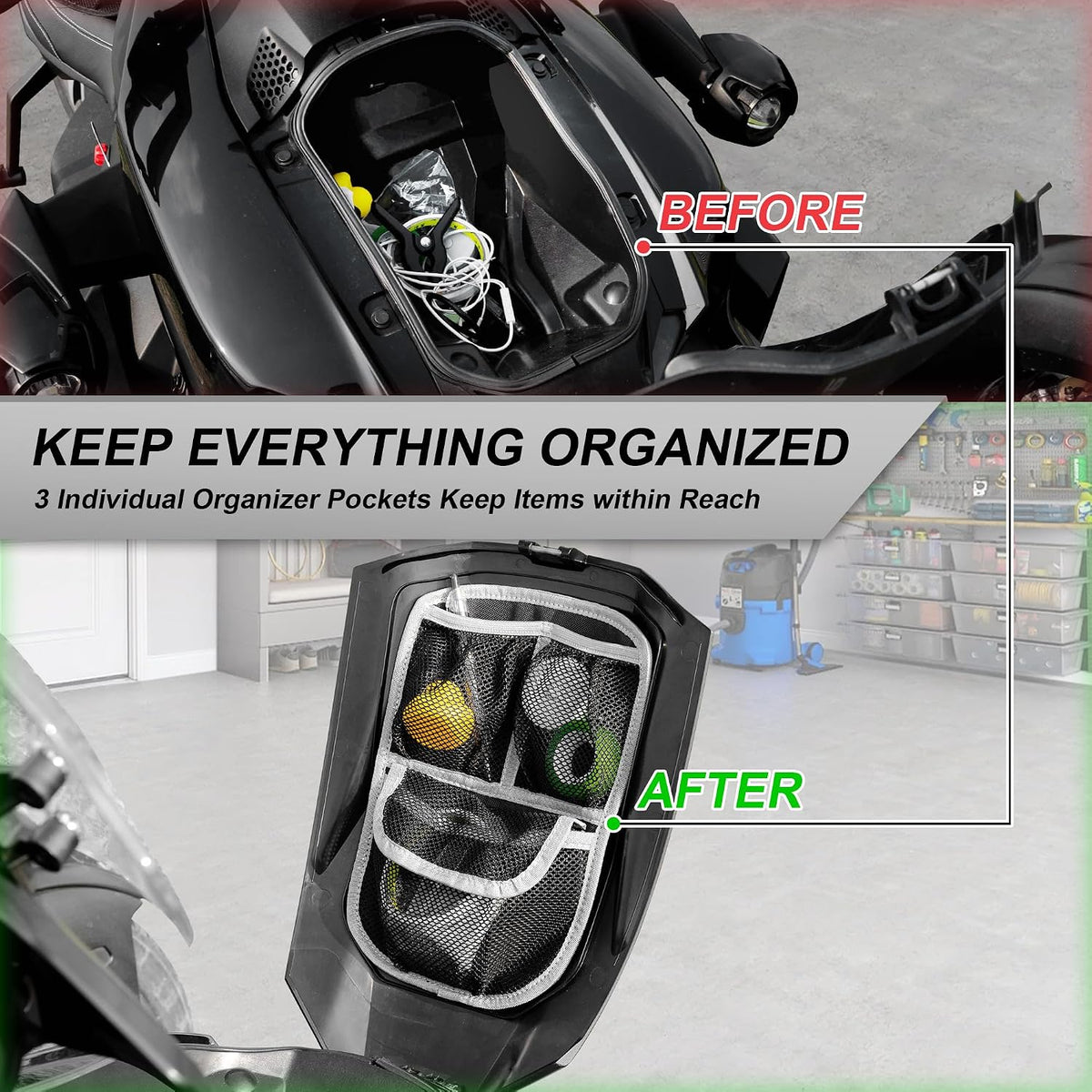 Front Trunk Lid Storage Organizer Fit for Can-Am Ryker 600 900 / Rally Edition/Sport（2015-2025) | Removable 3-Pocket Storage Bag (White String)