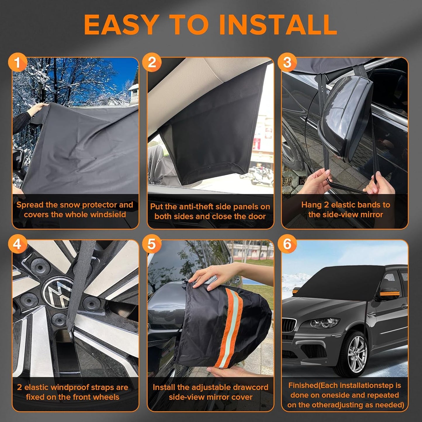 Car Windshield Cover for ice and Snow Double Fixing Easy Removal Windshield Snow Cover Protector with Side Mirror Cover Windproof Sunshade Cover for Cars, SUVs, Trucks, Vans (75"x47")