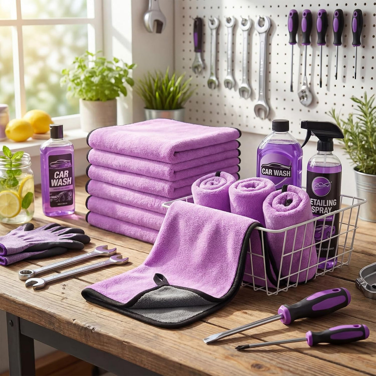 20 Pcs Microfiber Car Drying Towels 800 Gsm Thick Plush, Grey and Purple