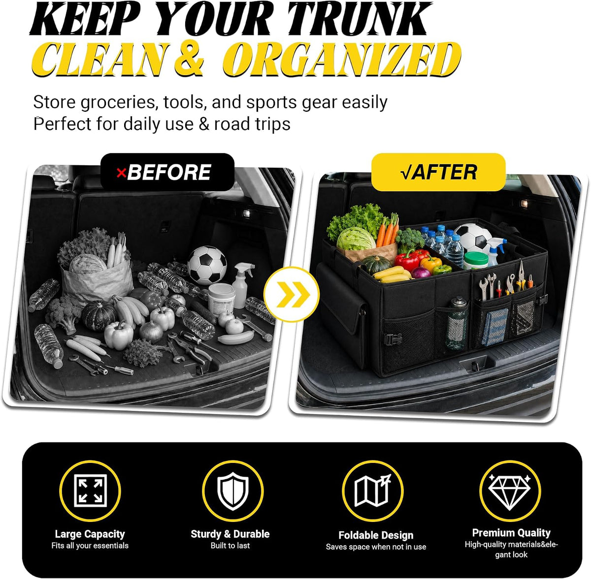 Trunk Organizer, Large Foldable Car Organizer for SUV, Jeep, Sedan