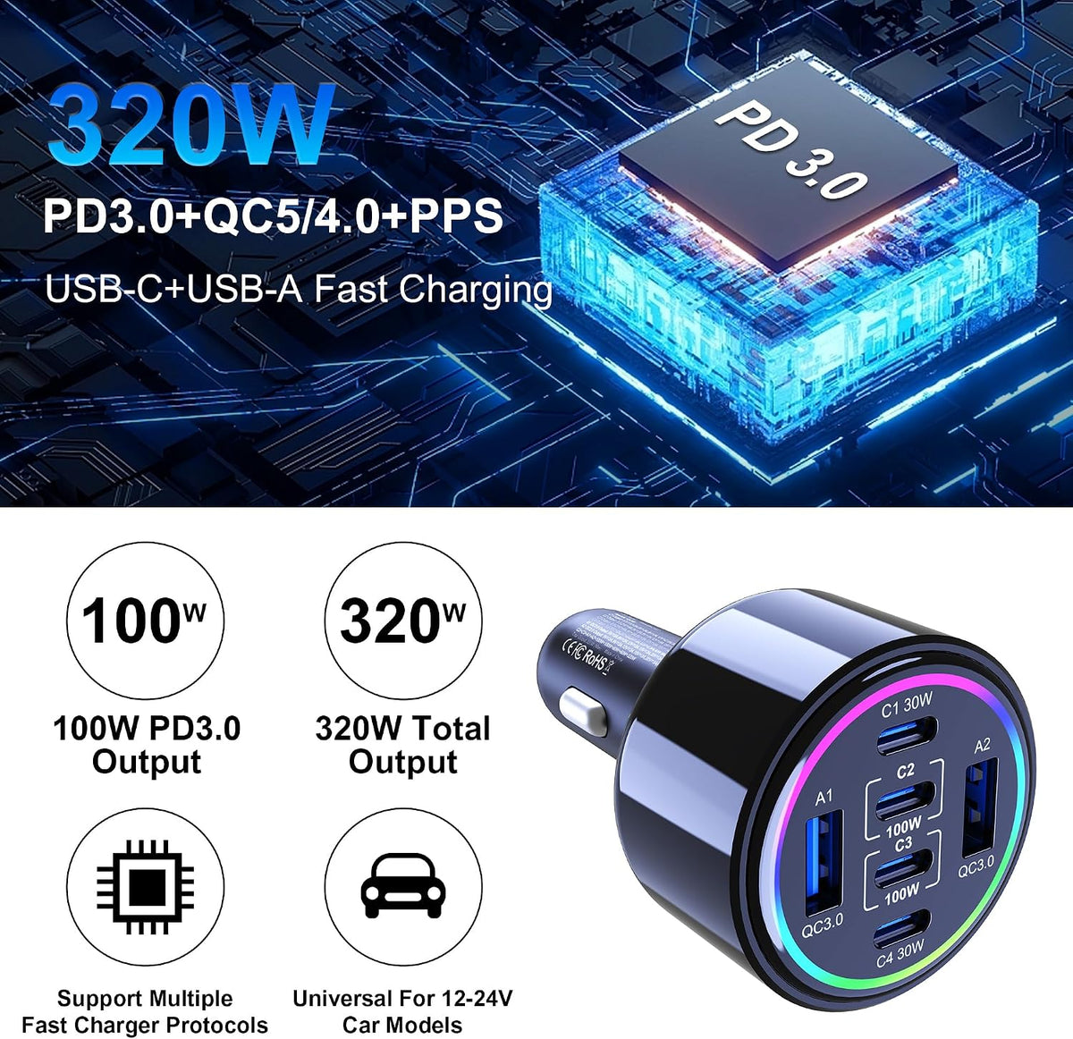 320W USB C Car Charger, 6 Ports Type C Car Charger