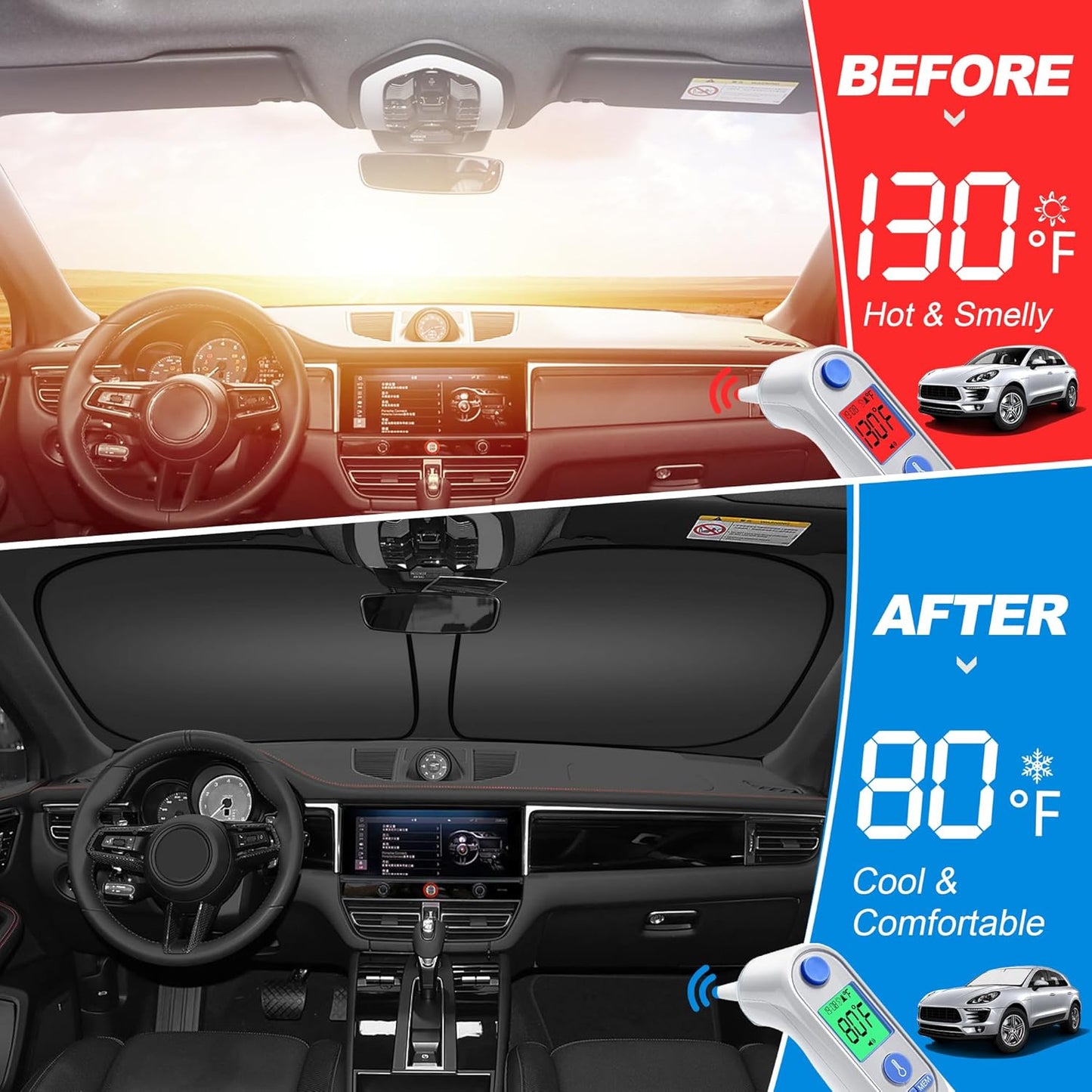 Front Windshield ＆ Side Window Sun Shade for 1992-2025 Fo-rd E-Series E-150 E-250 E-350 E-450 Van Motorhome, Foldable Window Sunshade Sun Visor Protector Blocks UV Rays Heat, Pack of 3