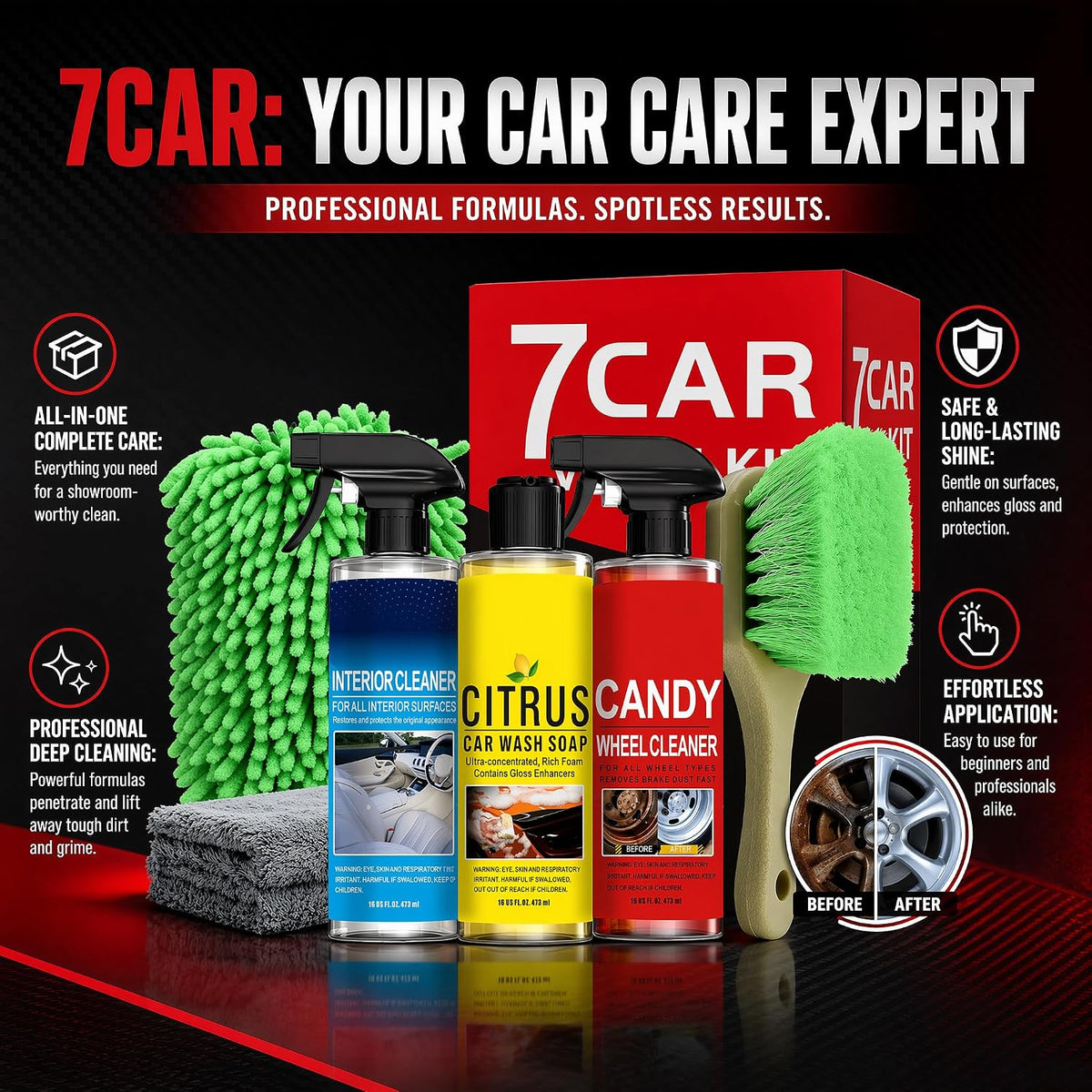 Complete Car Cleaning Kit - Interior Cleaner, Citrus Car Wash Soap, Wheel Cleaner with Chenille Glove, Wheel Brush & Microfiber Towel | for Cars, Trucks, RVs & SUVs