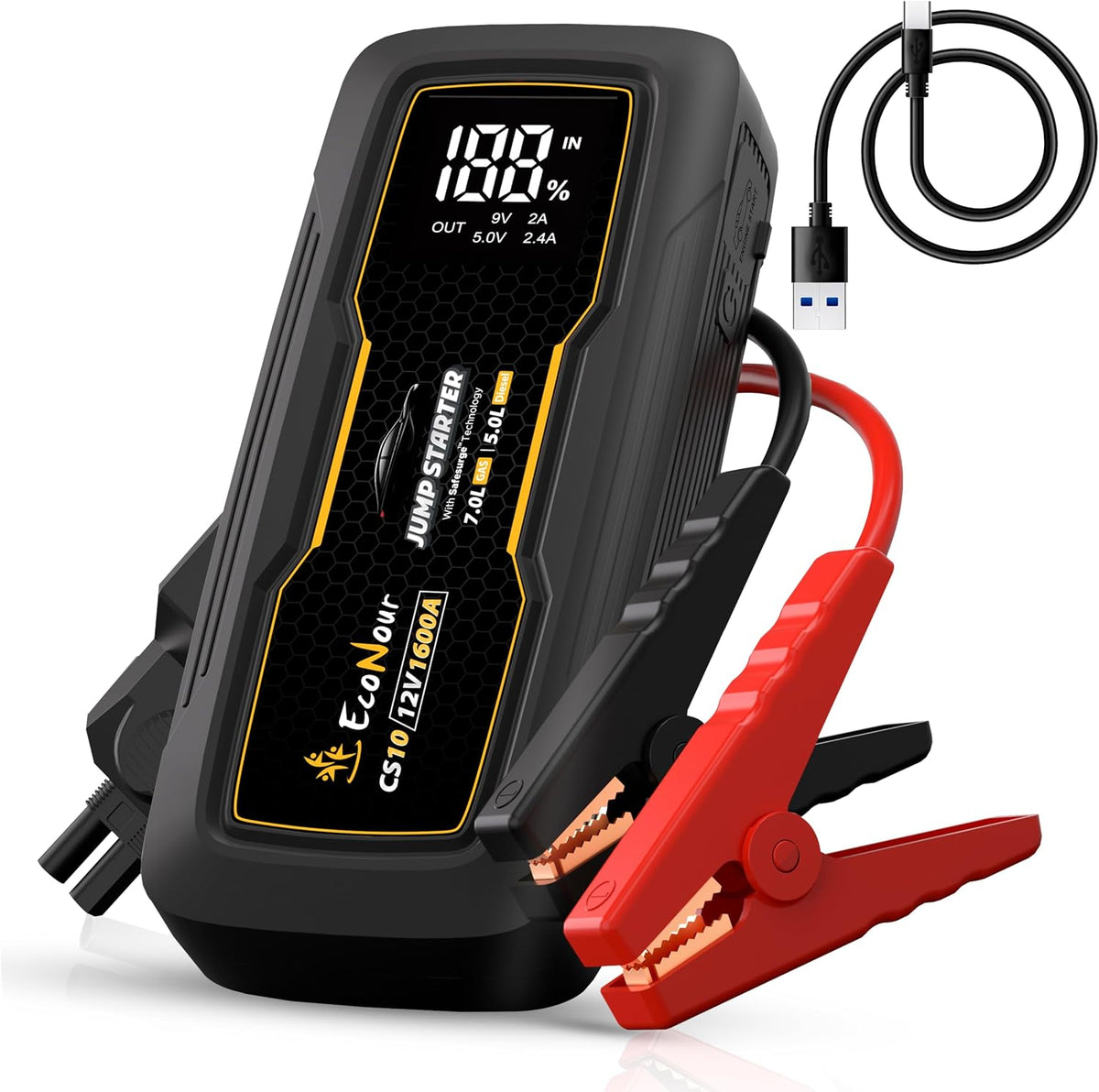 EcoNour 2500A Portable Car Jump Starter 12V Battery Booster Pack Up to 8.5L Gas & 6L Diesel Engines – Jump Box with Jumper Cables, USB Charger, LCD Display, LED Flashlight – for Cars, SUVs, Trucks