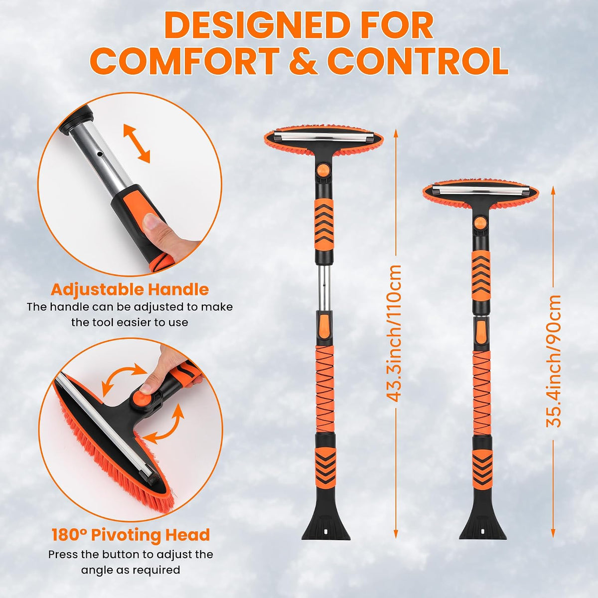 43" Ice Scraper for Car Windshield - 3-in-1 Extendable Snow Brush with 360° Pivot Head, Squeegee & Ergonomic Foam Grip for Christmas Car, SUV, Truck, Auto (Black/Orange)