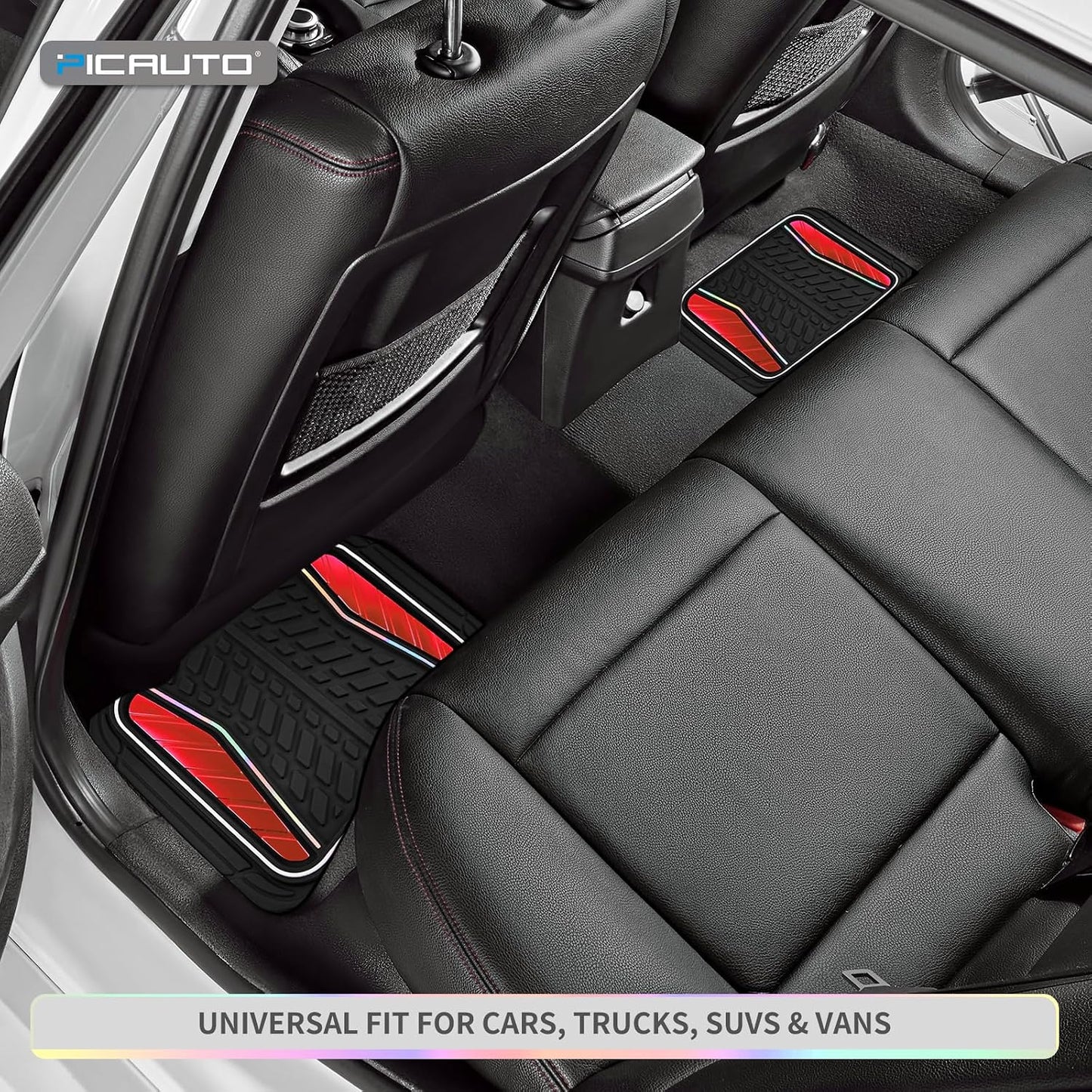 PIC AUTO Car Floor Mats, Red Aluminum-Molded with Full-Circle Iridescent Inlay Strip Car Mats, Universal-Fit Rubber Mats for Cars, Trucks & SUVs, All-Weather, Non-Slip, Easy-to-Clean Interior Mats