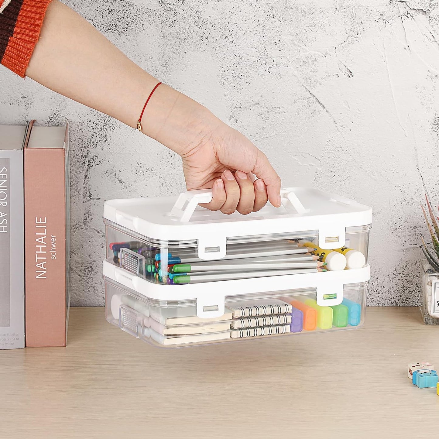 BTSKY Clear Plastic Storage Container with Lid & Handle, Multipurpose Craft Organizers and Storage Box, Easy Carry & Stack Flat Storage Box for Pencils Markers Crayons Sticky Notes, 1 Pack