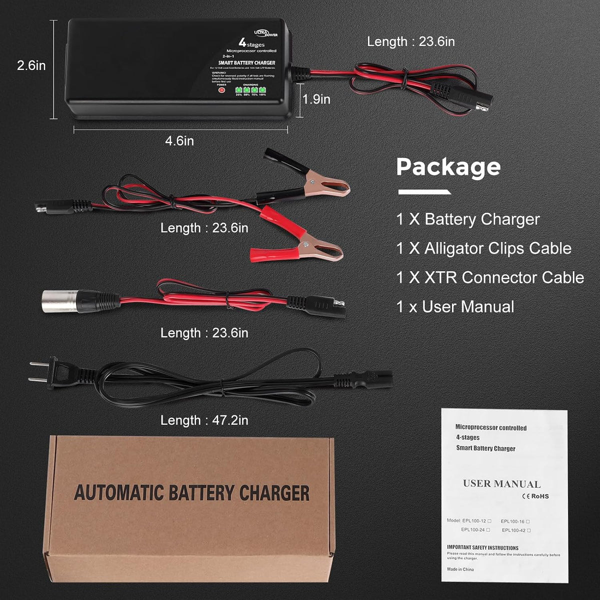 ULTRAPOWER 14.6V 10A LiFePO4 Battery Charger,Smart Battery Charger for 12V LFP Batteries and Lead Acid Battery,4LEDs Indicator,Fast Charging,High Efficiency for Deep Cycle Batteries.