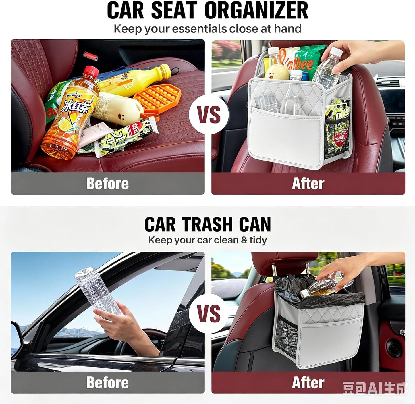 LXUNYI Car Seat Organizer, Updated Large Leather Backseat Car Organizer with Cup Holders Multifunctional Over the Seat Storage Organizer Bag Hanging Back Seat Organizers for Kids (Gray 1Pack)