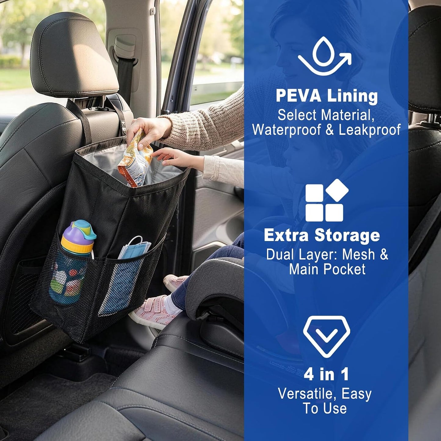 Waterproof Car Trash Bag with 50 Garbage Bag, 3.5 Gallon Hanging Leak-Proof Car Garbage Can for Back Seat with Storage Pockets, Foldable Hanging Trash Bin for Camping & Road Trips (Black)