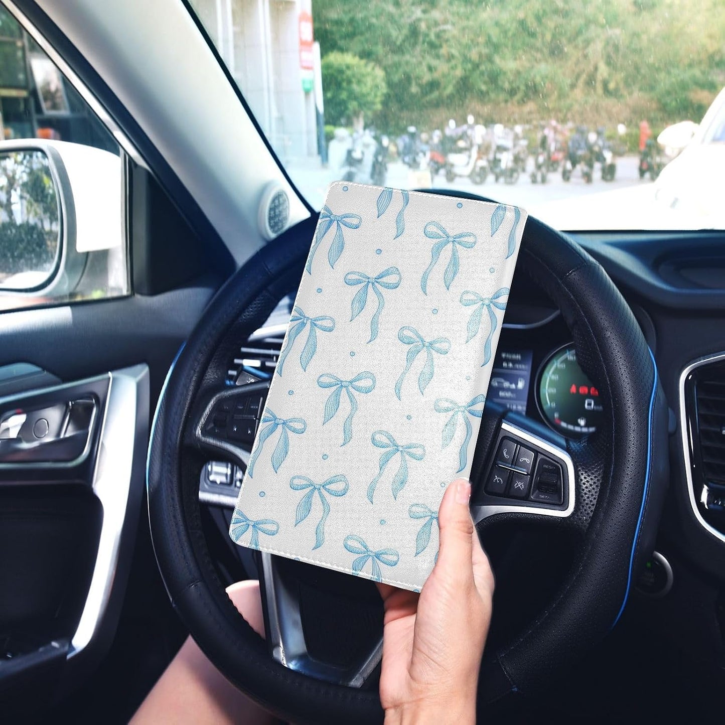 Blue Ribbon Bow Car Registration and Insurance Holder Glove Box Organizer Leather Vehicle Essential Document Card Wallet Accessories Case