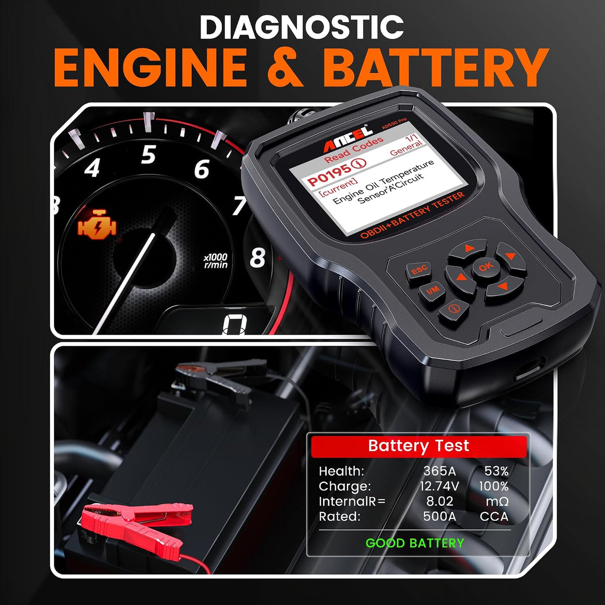 ANCEL AD530 PRO 2-in-1 OBD2 Scanner and 12V Battery Tester