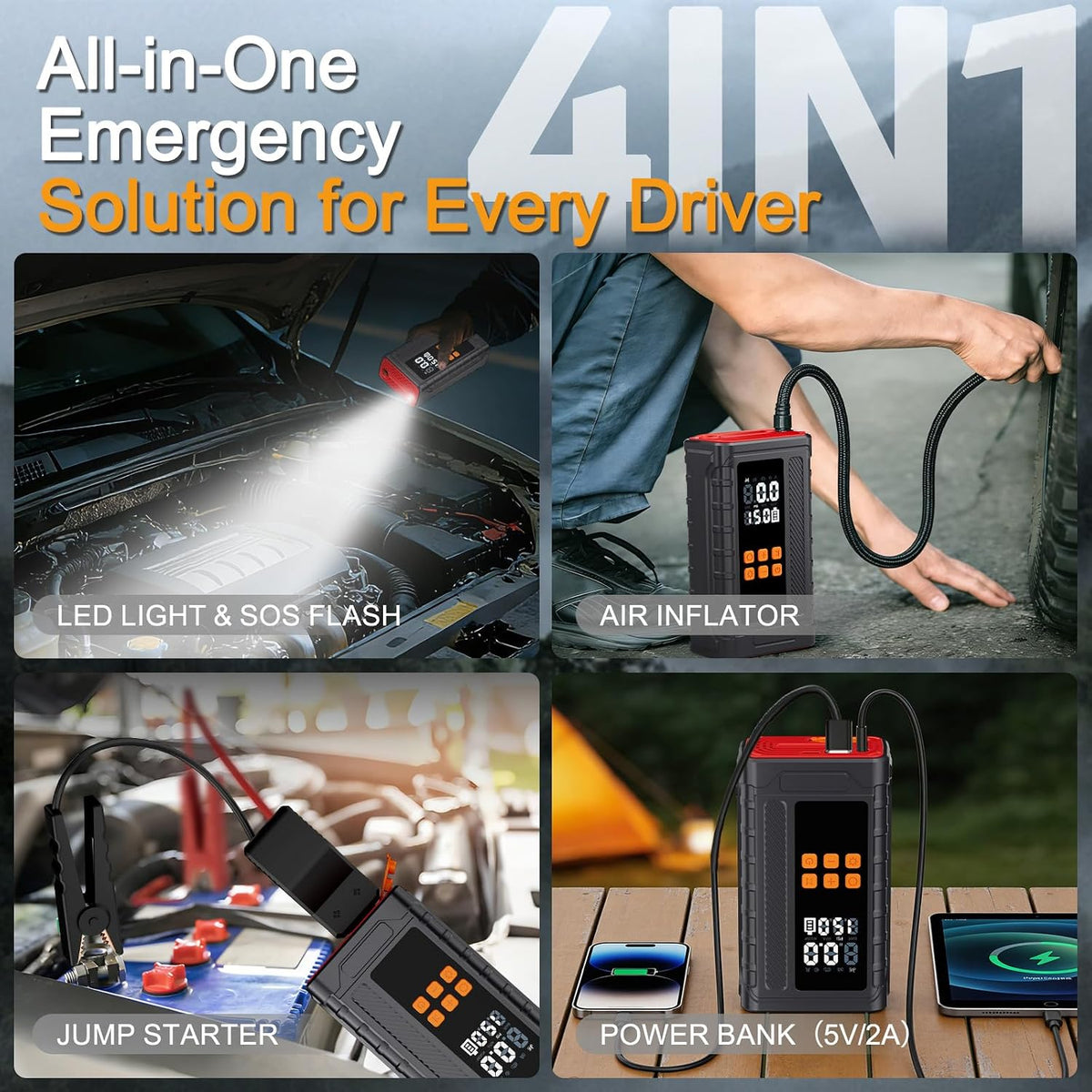 Portable Car Jump Starter with Air Compressor, 14.8V 2000 * 4mAh Battery Booster, 150PSI Tire Inflator, Power Bank & LED Flashlight for Roadside Emergencies & Travel