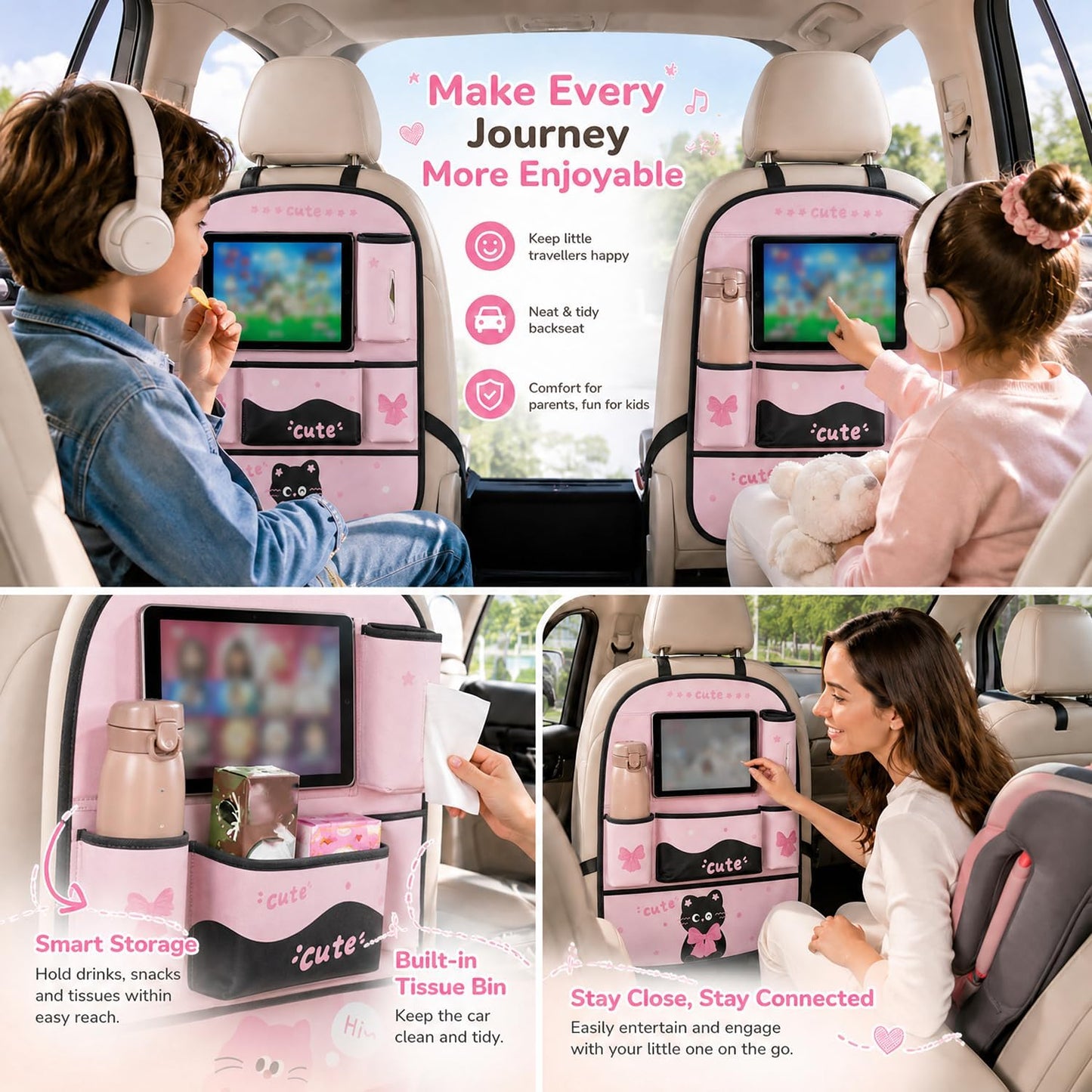 YUNZLAN Pink Black Backseat Car Organizer, Leather Kick Mats Back Seat Protector Organizer with Touch Screen Tablet Holder for Kids Travel Accessories