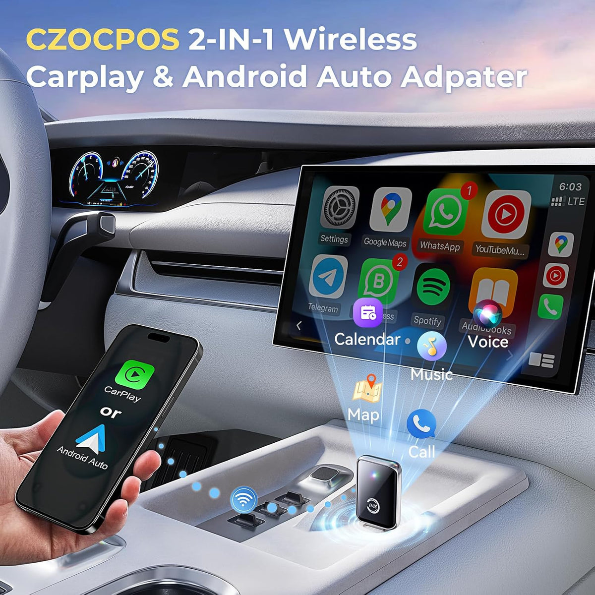 CZOCPOS Wireless CarPlay and Android Auto Adapter for iPhone, Convert Wired CarPlay to Wireless, 2 in 1 Plug & Play Mini CarPlay Adapter for iOS 10+ and Android 11+ Cars with Factory Wired CarPlay