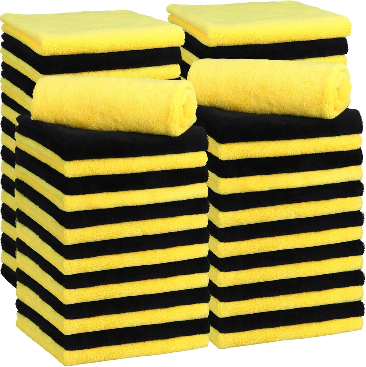Shimeyao 30 Pcs 16 x 16 Inch Edgeless Microfiber Plush Towels for Cars Detailing Drying Wash Polishing Absorbent Cleaning Cloths, 500 GSM (Black, Yellow)