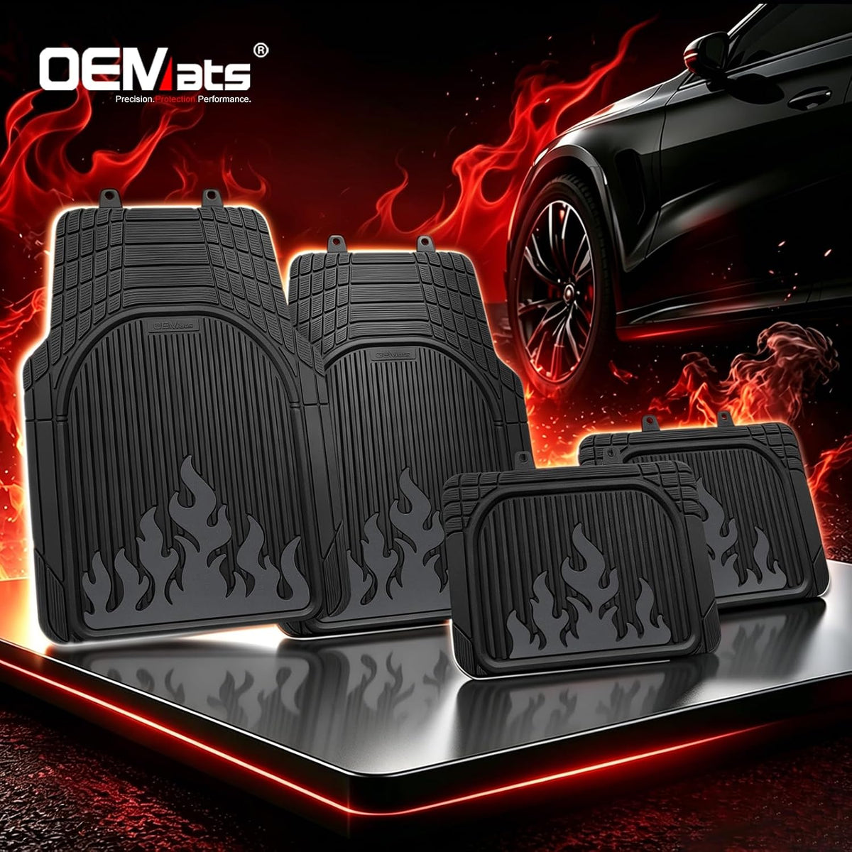Heavy Duty Rubber Car Mats Flame Design (Graphite Gray), 4-Piece Deep Waterproof Floor Mats Set (Front & Rear Full Set), All Weather Universal Trim to Fit Automotive SUV Sedan Truck