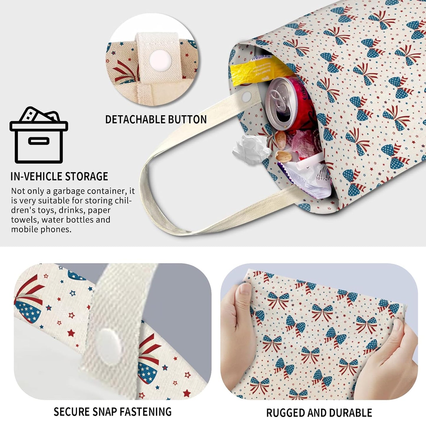 Cute Car Trash Can, Hanging Canvas Car Back Seat Organizer and Storage Bag, Funny Car Trash Bag For Travelling, Outdoor American Patriotic Bow