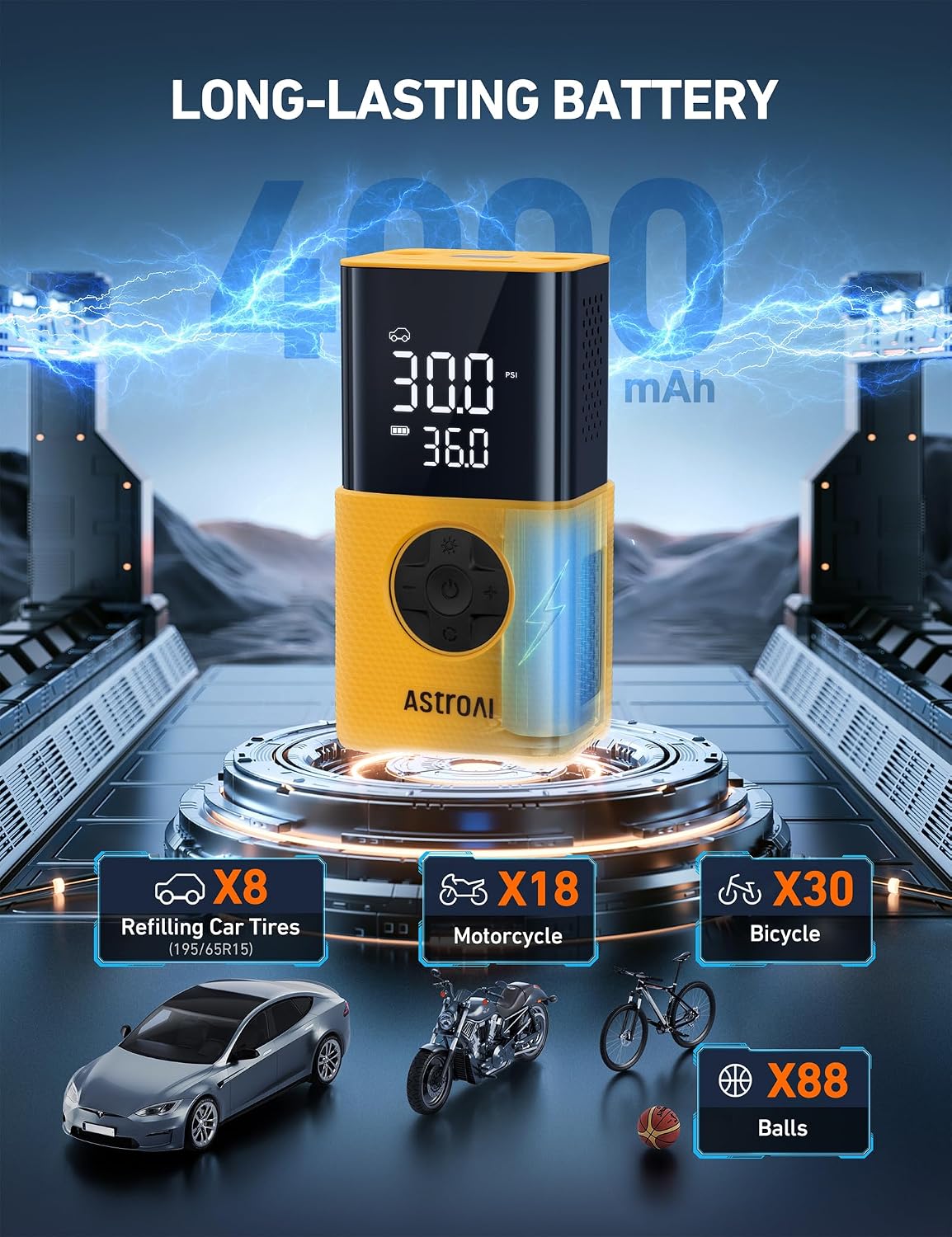 AstroAI L7S Tire Inflator Portable Air Compressor Cordless with Digital Pressure Gauge, 150 PSI LED Light Bike Air Pump with Fast Inflation & Auto Shut-Off for Car Tires,Motorcycles,Bikes,Balls,Yellow