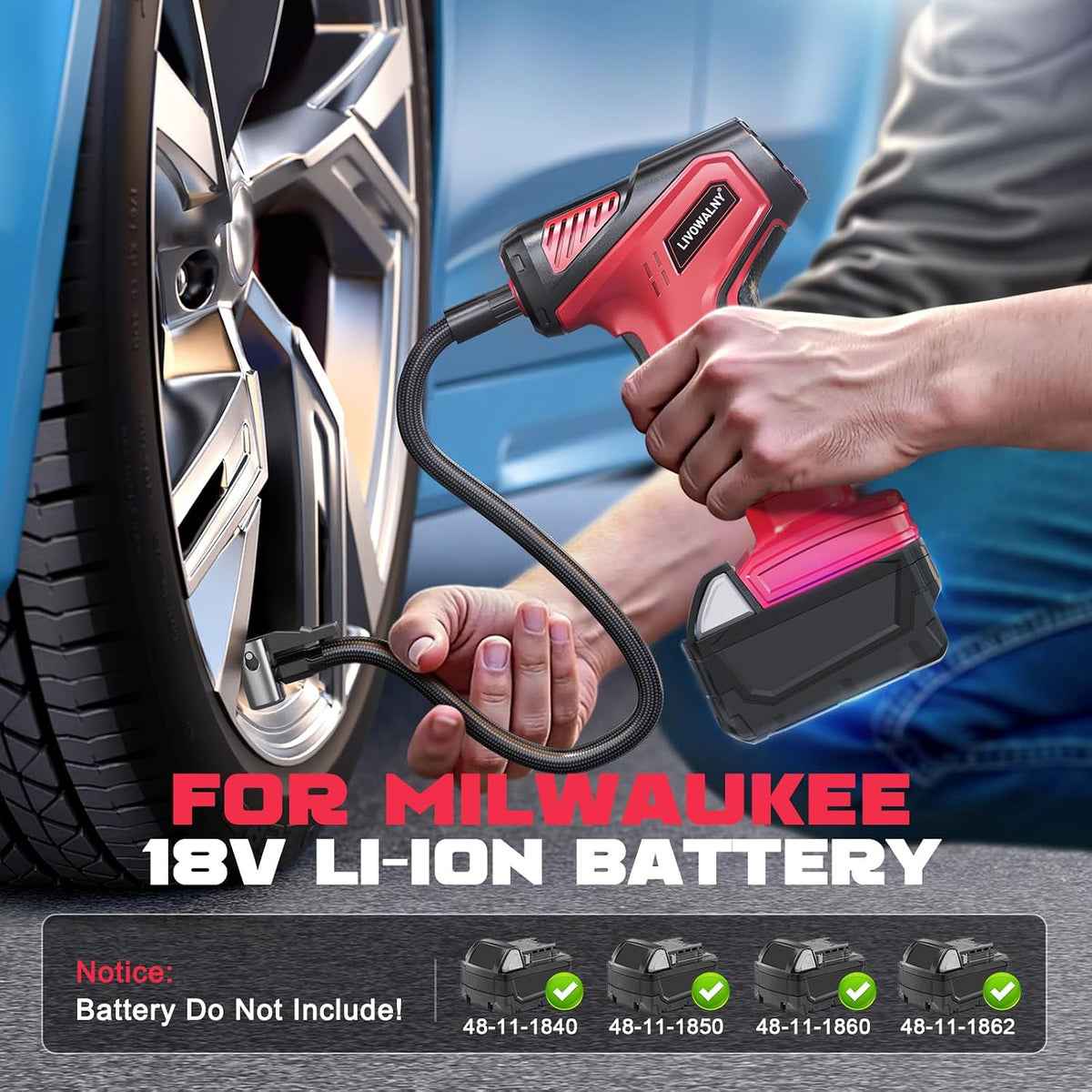LIVOWALNY Tire Inflator Portable Air Compressor Compatible with Milwaukee 18V Battery, 150PSI Air Pump Cordless Tire Pump Digital Pressure Gauge, Tire Inflator for Car, Bike, Motorcycle (Tool Only)
