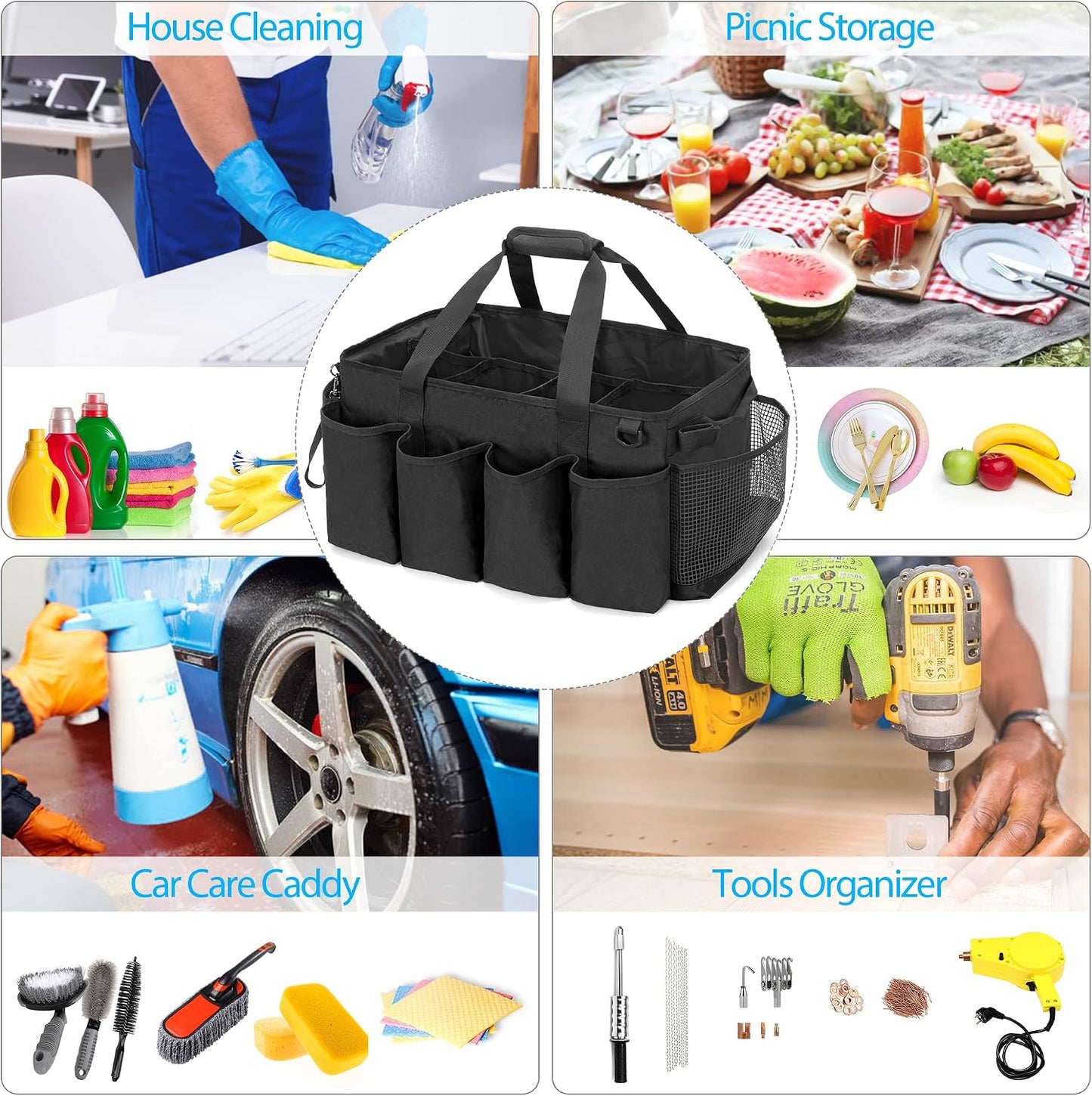 HODRANT Extra-Large Cleaning Caddy with Handles & Multi Pockets | Large Capacity Tote Bag for Cleaning Tools & Products Storage, Cleaner Organizer for Car, Home & Housekeeping Work, Black