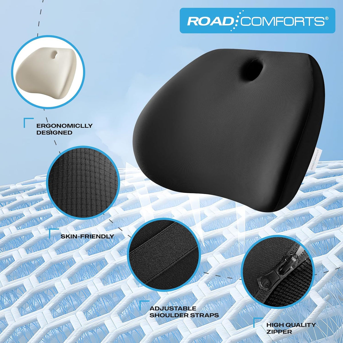 Road Comforts Memory Foam Lumbar Support Pillow – Ergonomic Back Cushion for Office, Car, Home & Travel – Lower Back Pain Relief, Removable Washable Cover (Black)