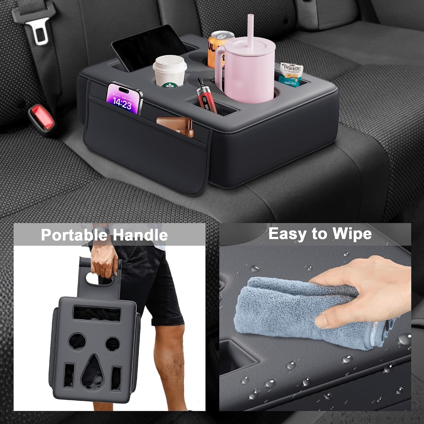 2026 Upgraded Car Cup Holder, 8 in 1 Back Seat Cup Holder for Car, PU Leather Backseat Organizer Car Cupholder Expander Tray for Trucks SUVs RVs Center Console Couch, Holds Drinks Food Phone