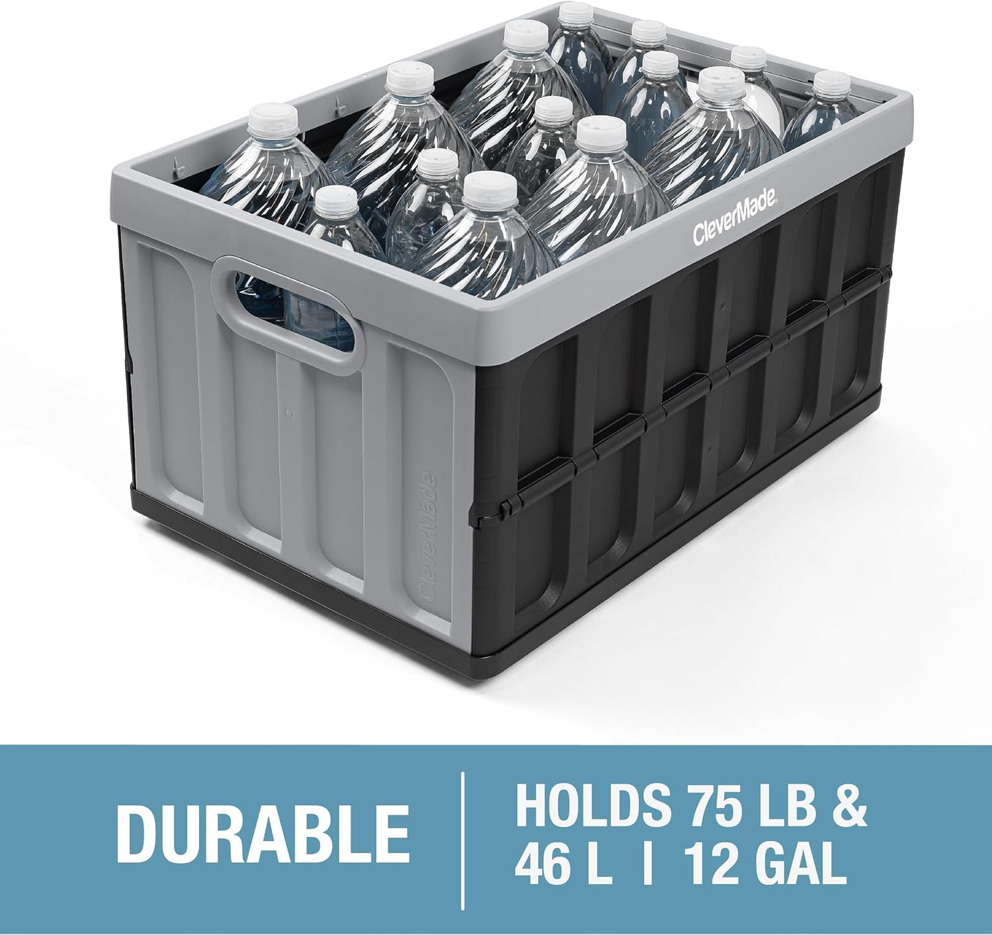 CleverMade Collapsible Plastic Storage Bins with Lids, 46L 3 Pack, Stone | Integrated grips simplify carrying through garages, closets and trunks, with a stack-ready shape that keeps supplies orderly