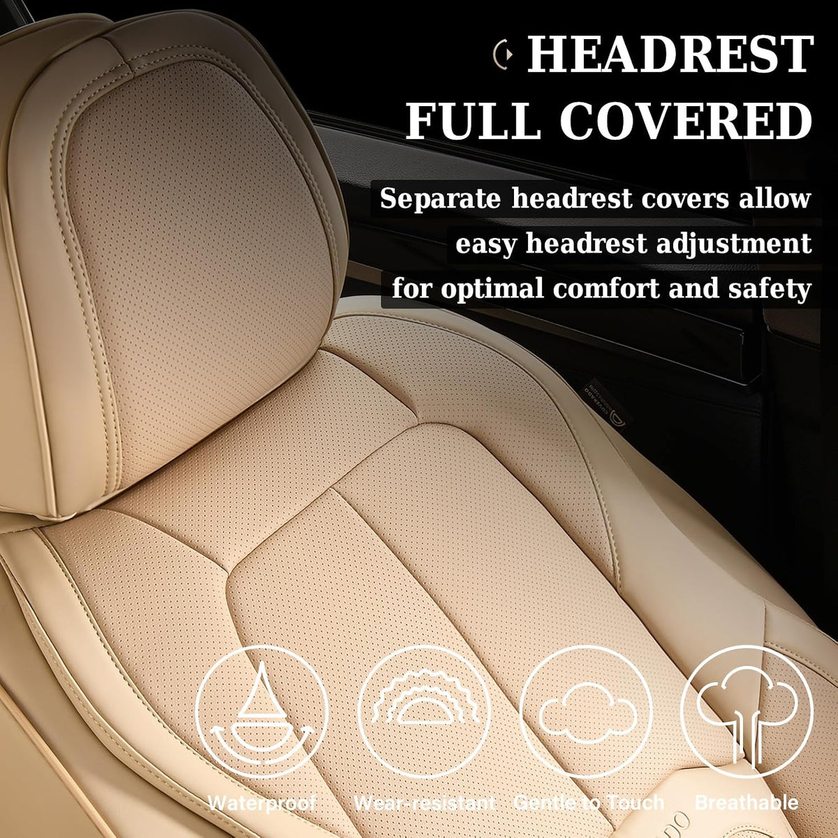 Coverado Seat Covers, Leather Seat Covers Front Seat, Luxury Car Seat Covers with Lumbar Support, Front Driver Seat Covers, Car Seat Protector Waterproof Universal Fit Most Cars(Beige)