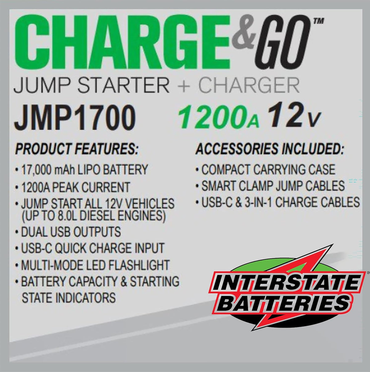 Interstate Batteries 12V Jump Starter & Charger 1200A 17,000mAh, 17Ah