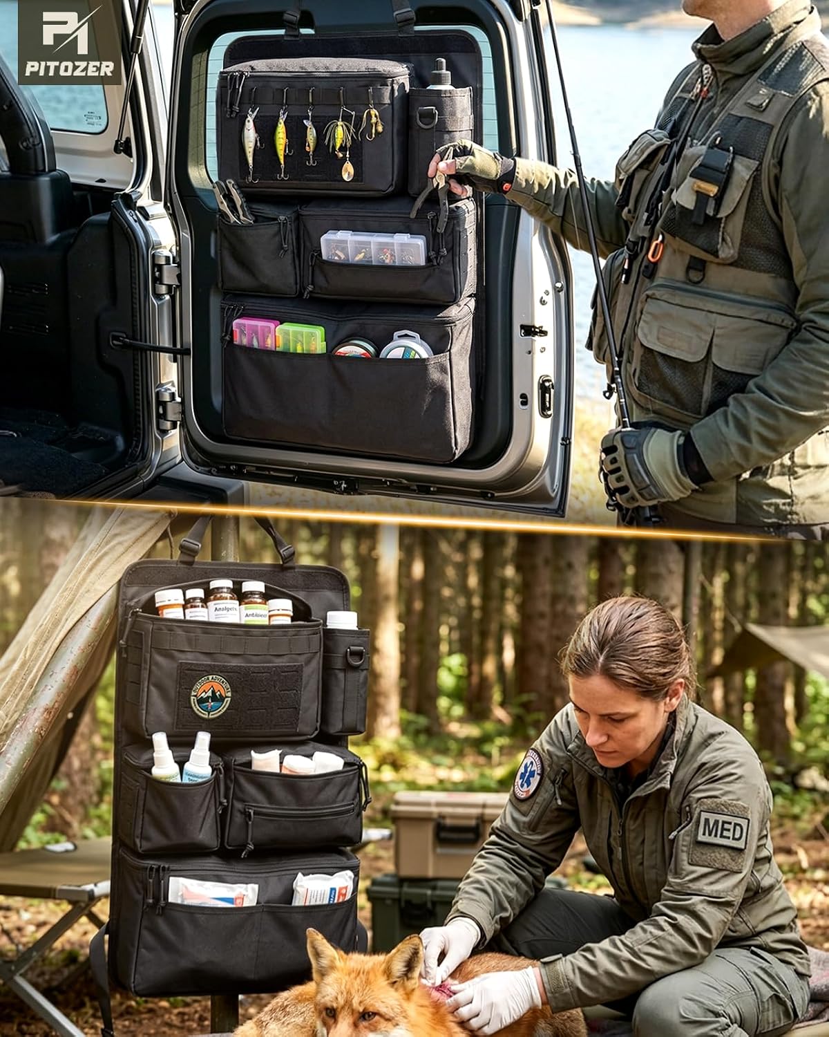 All in One Car Seat Back Organizer Fit Most Cars SUV Trucks Jeeps | Heavy Duty Molle Panel Seat Back Protector with Multi-Pockets Storage, for Tools, Toys, Camping, Travel, Daily Commuting