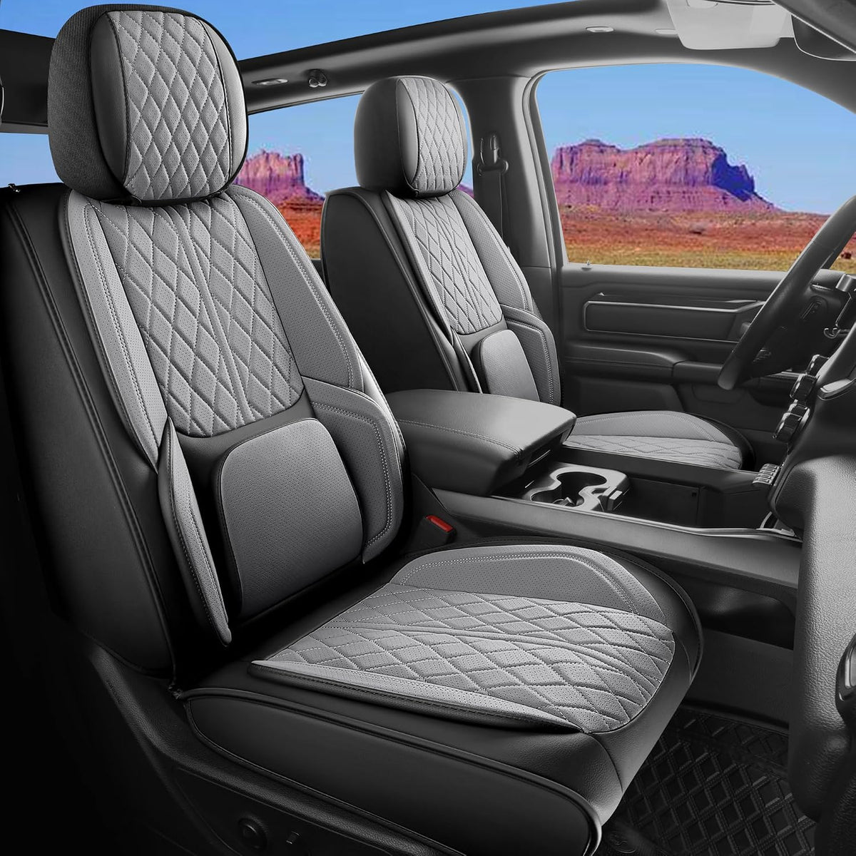 Car Seat Cover Custom Fit for Dodge Ram 1500 2500 3500 2002-2026 Faux Leather Seat Cover Set Compatible with Crew Quad Regular Cab Pickup Truck Cushions (Black & Grey, Front Seat)